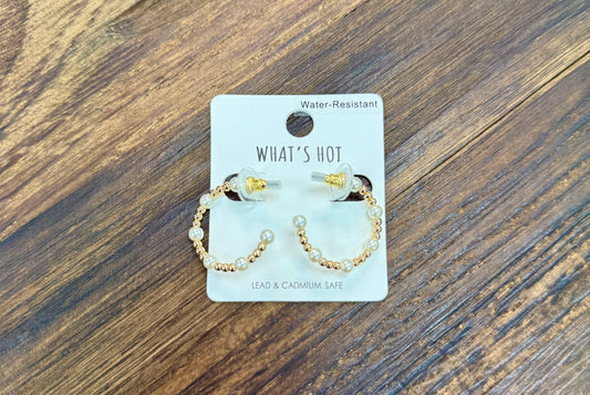 Gold & Pearl Beaded Hoops 1”