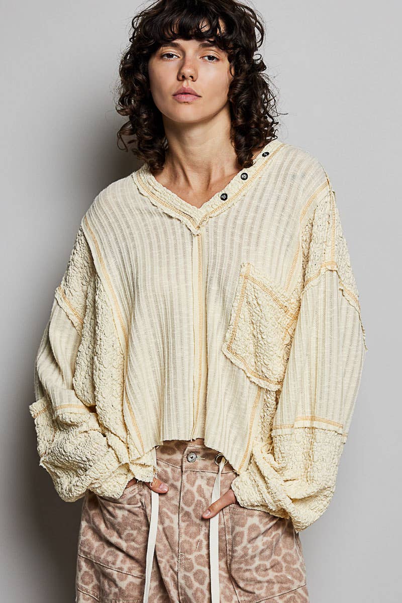 V-neck stitch detail Balloon Long Sleeve Crop Top