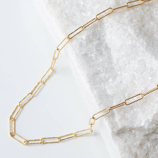 Tarnish Resistant Gold Plated Textured Paperclip Necklace