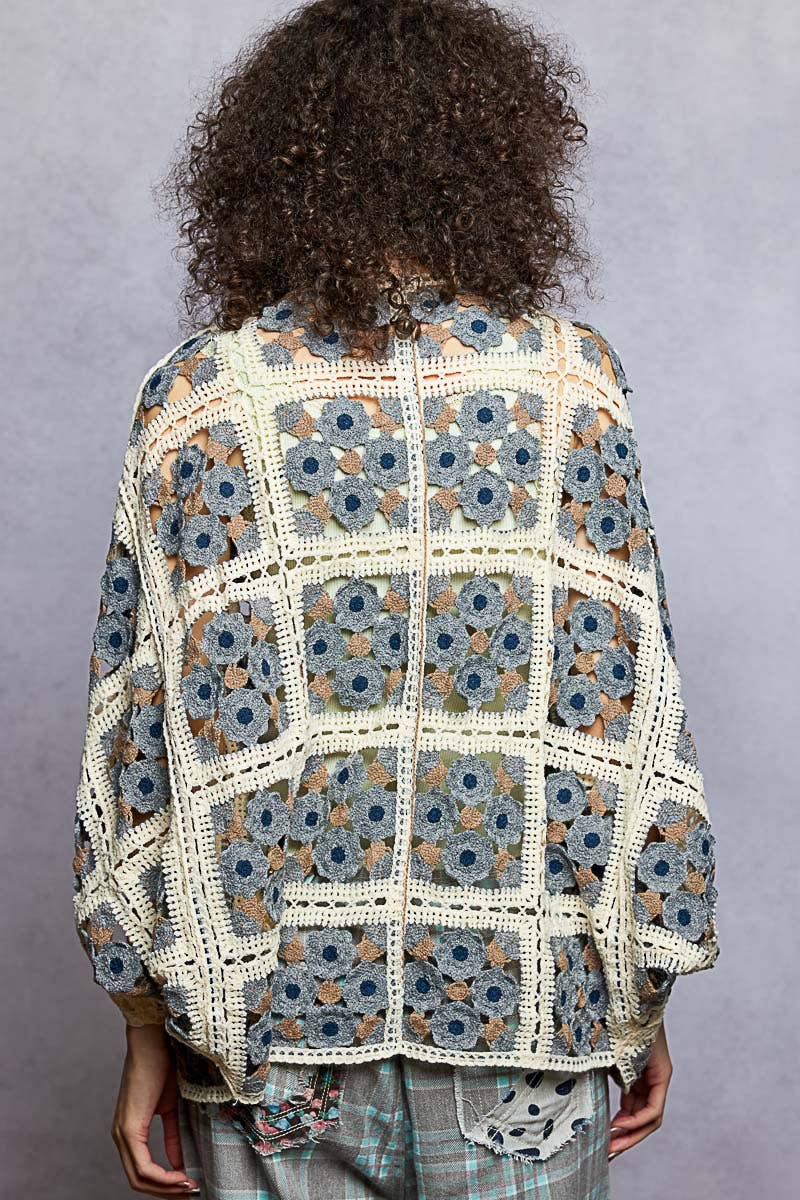 Dolman Sleeve Varied Pattern Crochet Open Cardigan