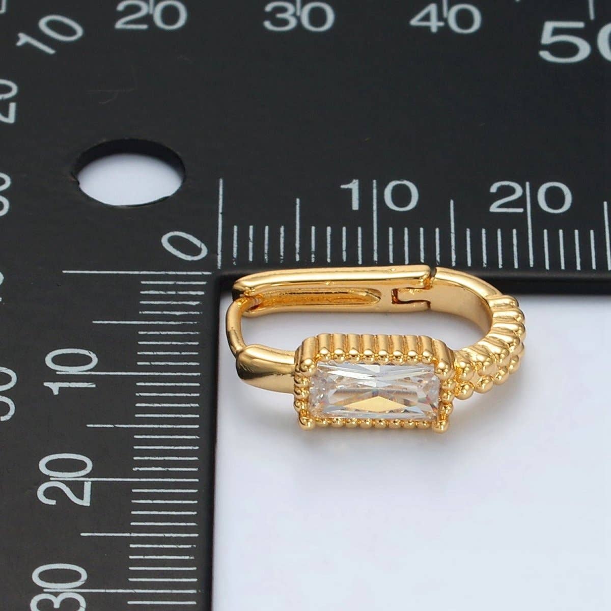 24K Gold Filled 18mm Baguette CZ Dotted Huggie Earrings