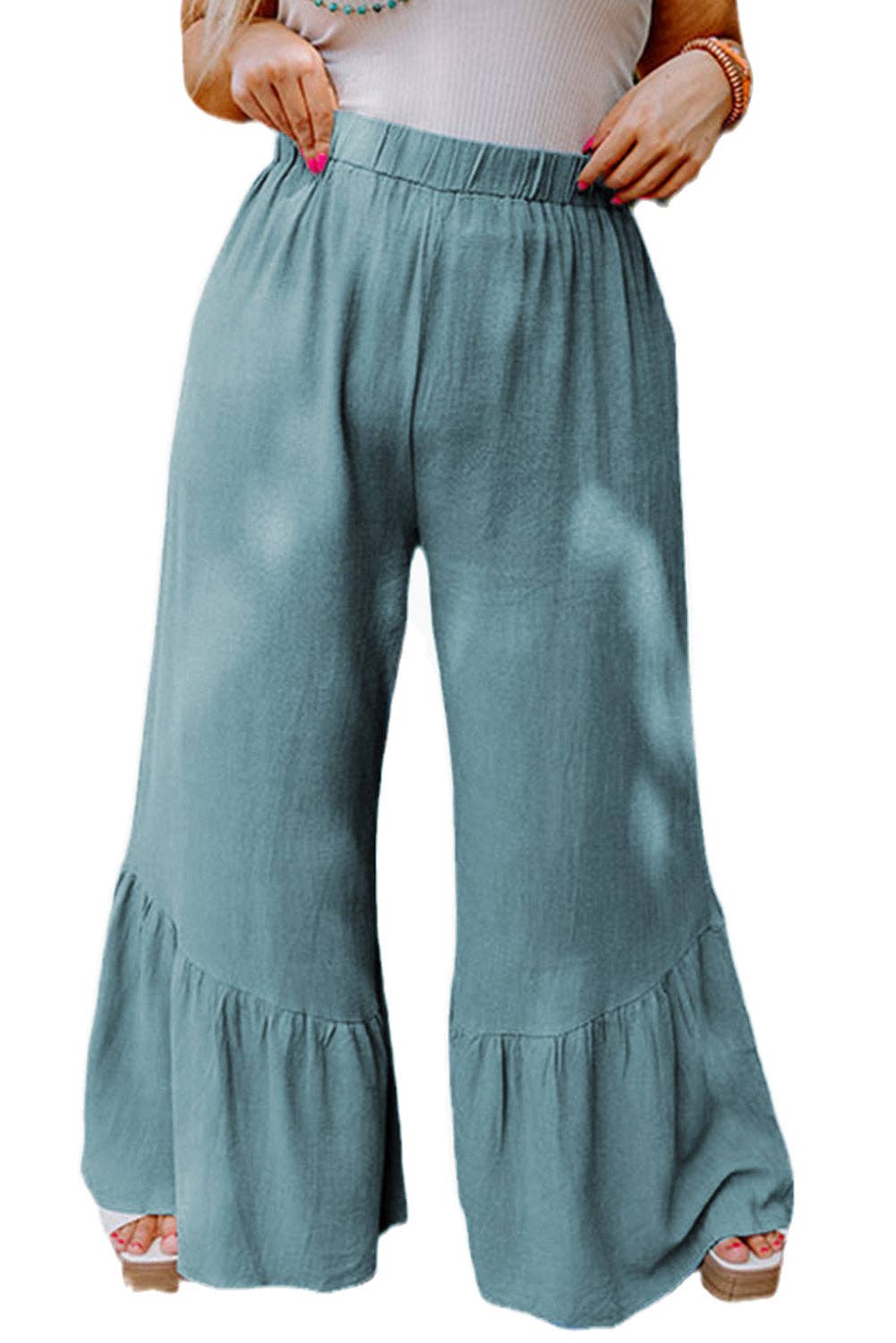 High Waist Ruffle Wide Leg Pants Plus Size