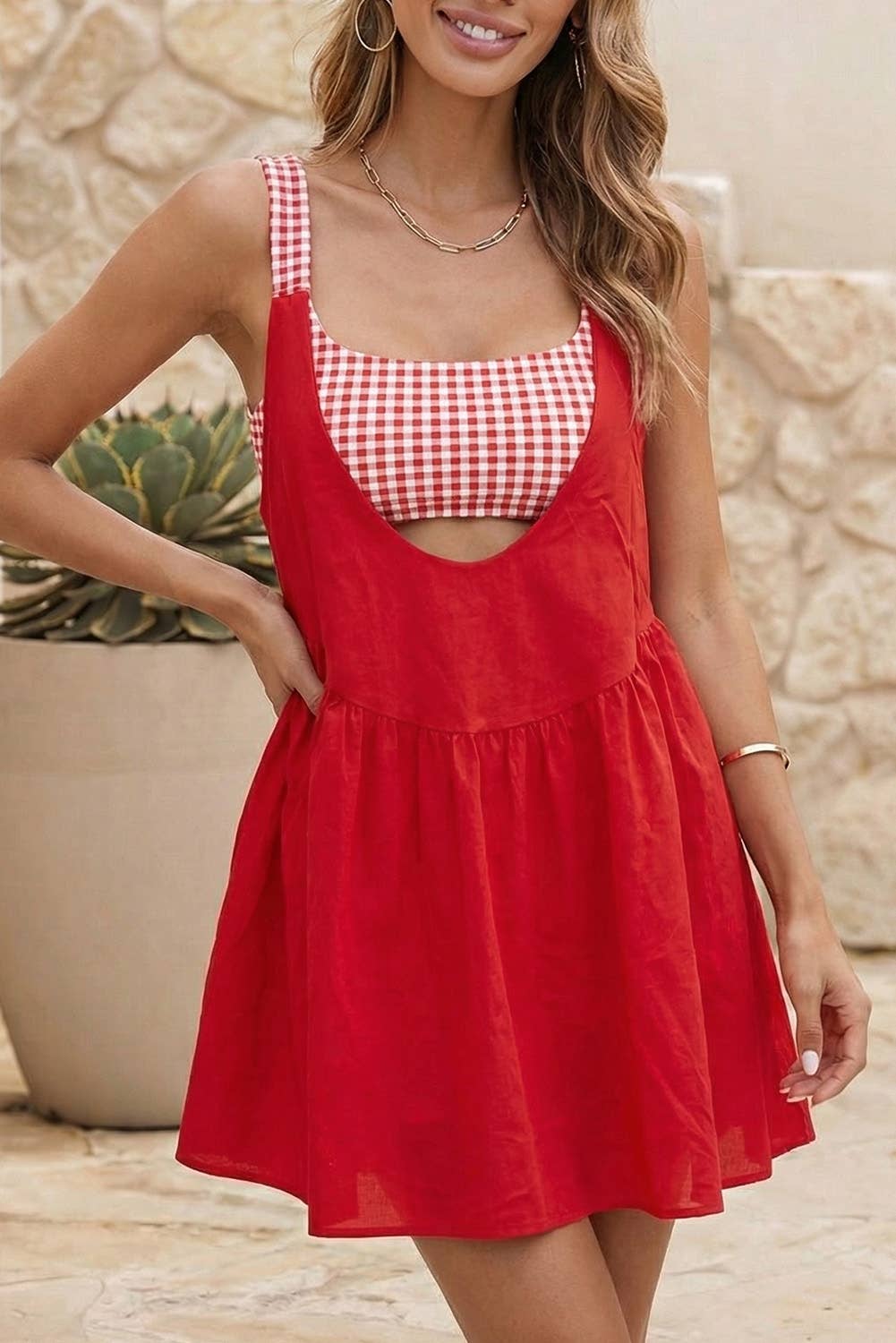 LDC Two Piece Gingham Contrast Patchwork Loose Mini Dress