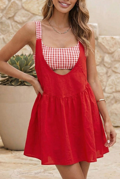 LDC Two Piece Gingham Contrast Patchwork Loose Mini Dress
