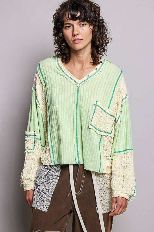 V-neck stitch detail Balloon Long Sleeve Crop Top