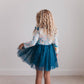 Kids Teal Blue Winter Floral Print Sparkle Tulle Dress