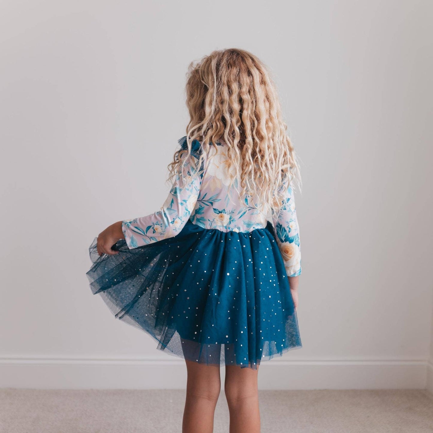 Kids Teal Blue Winter Floral Print Sparkle Tulle Dress