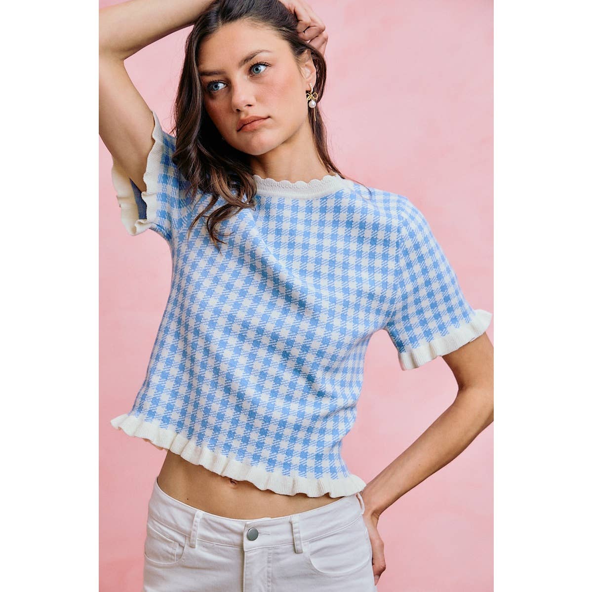 GINGHAM KNIT RUFFLED SHORT SLEEVES SWEATER TOP