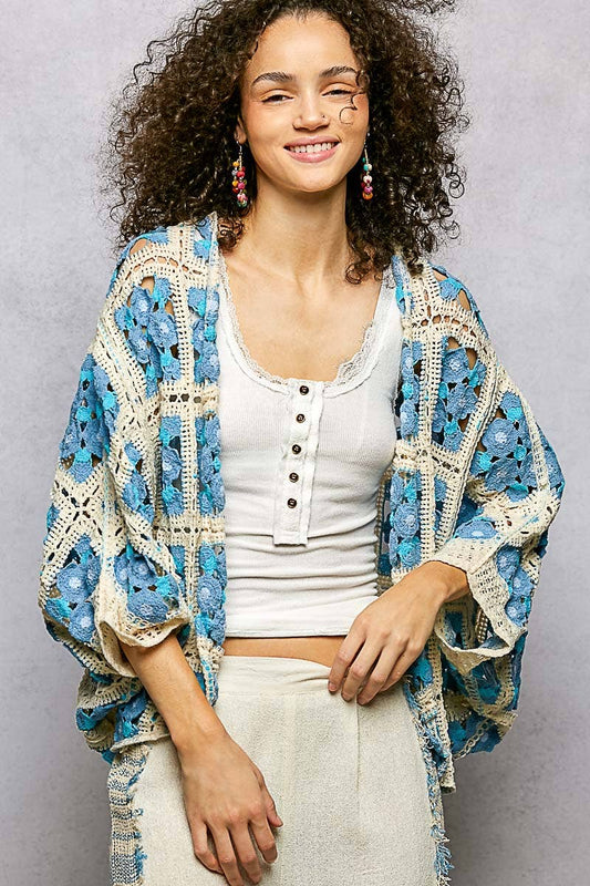 Dolman Sleeve Varied Pattern Crochet Open Cardigan