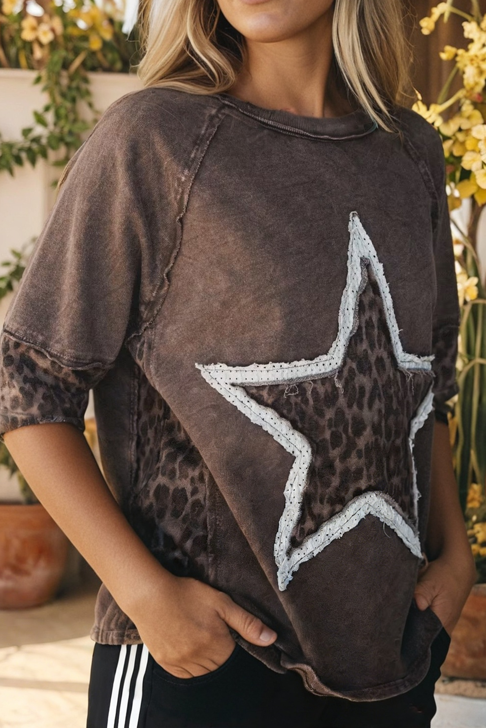LAS-LIVE Mineral Wash Leopard Star Patched T Shirt (S-XL)