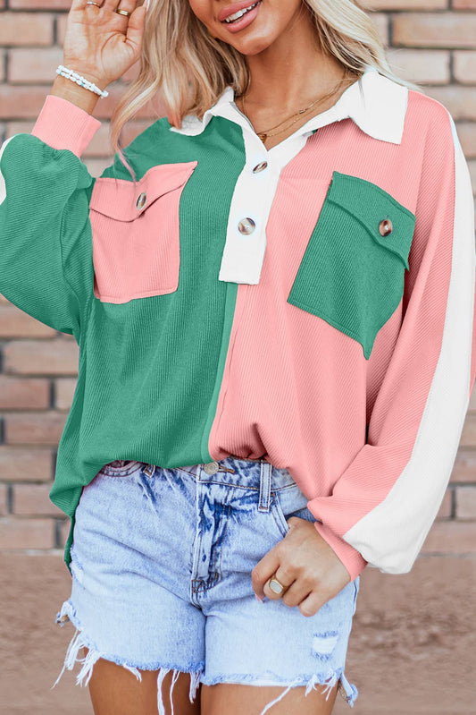 LDC Colorblock Ribbed Collared Oversized Sweatshirt