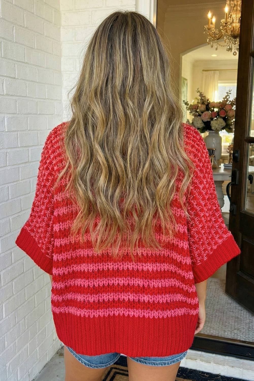 LAS Stripe 3/4 Draped Sleeve Slouchy Sweater