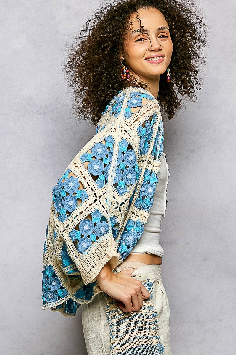 Dolman Sleeve Varied Pattern Crochet Open Cardigan