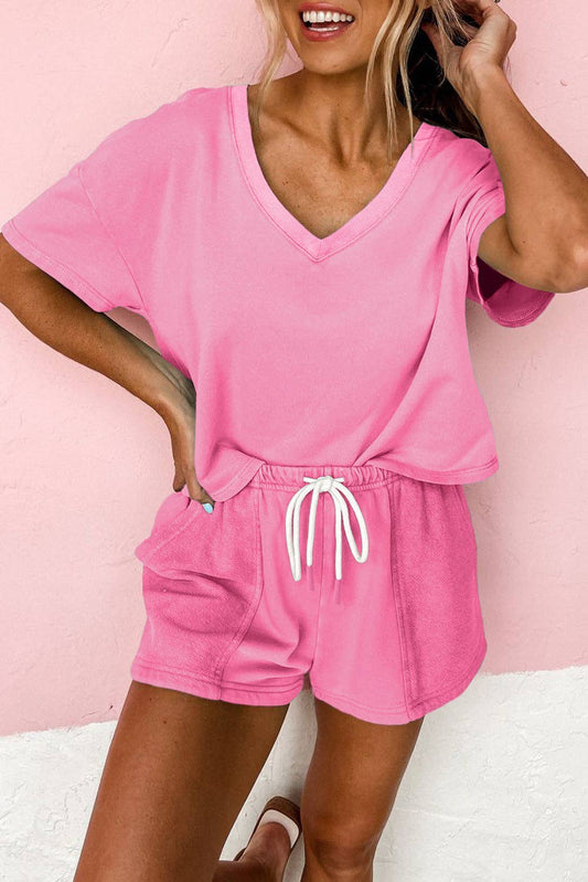 V Neck Drop Shoulder Tee and Patchwork Drawstring Shorts Set
