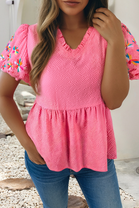 V Neck Flower Embroidered Puff Sleeve Blouse