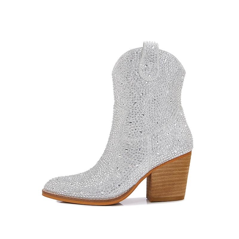 Rhinestone Block Heel Western Booties