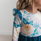 Kids Teal Blue Winter Floral Print Sparkle Tulle Dress