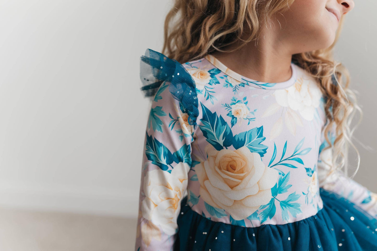 Kids Teal Blue Winter Floral Print Sparkle Tulle Dress