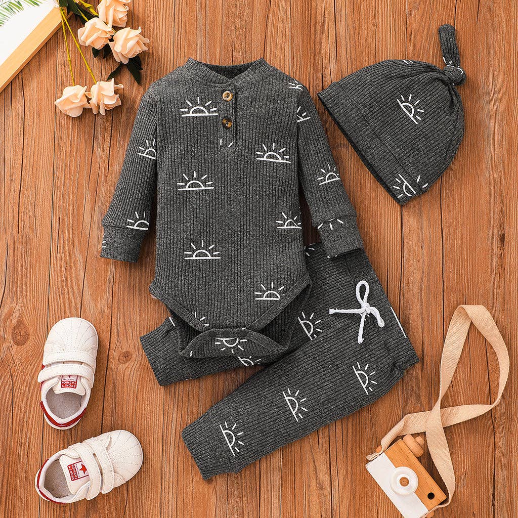 3-piece Baby Boy Sun Romper Pants Cap Set