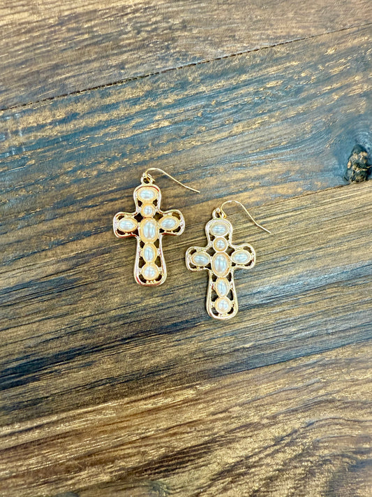 Gold & Pearl Cross Earrings