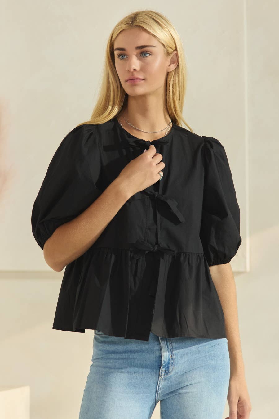 Poppi Front Tie Ribbon Blouse