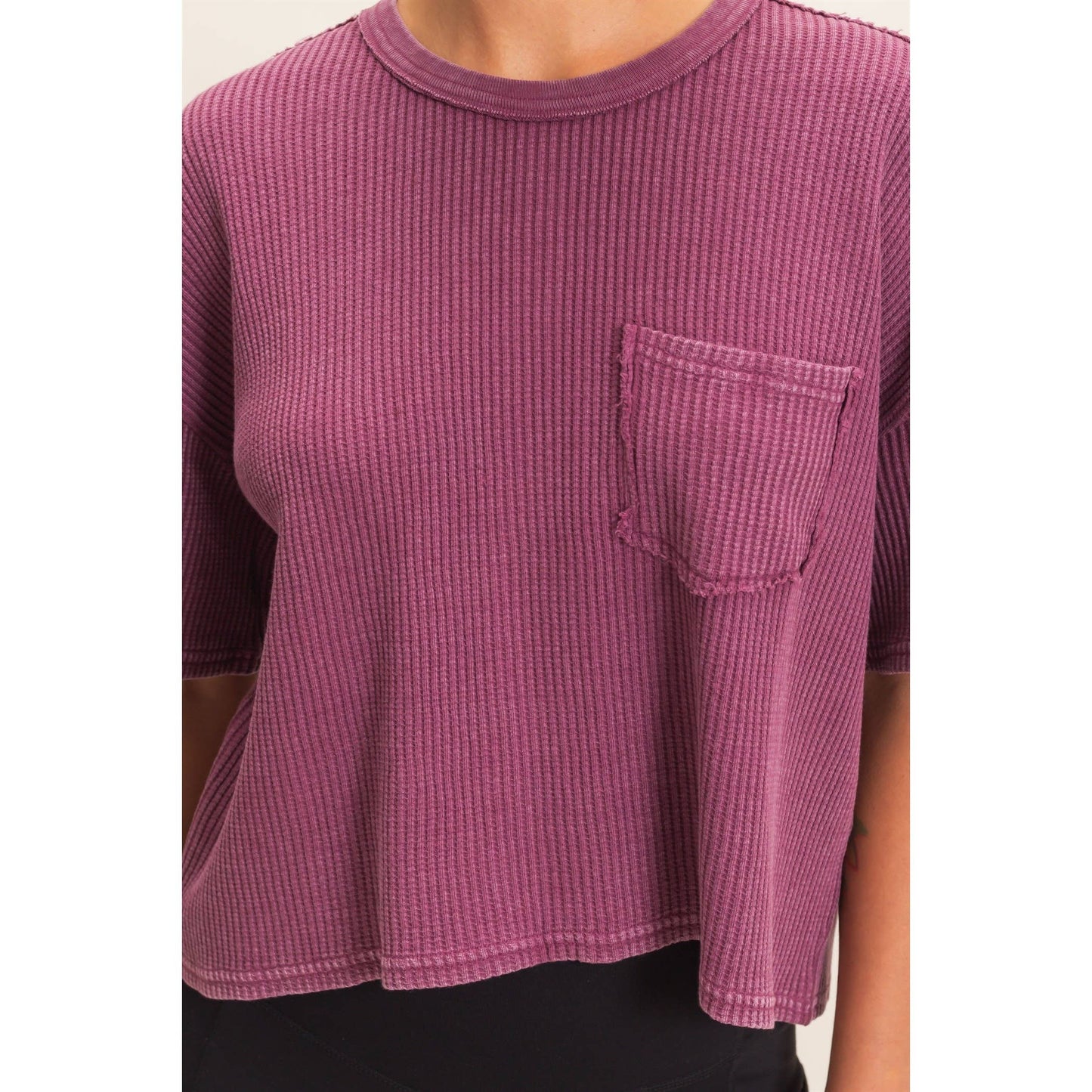 Mineral Wash Waffle Knit Pocket Top