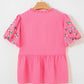 V Neck Flower Embroidered Puff Sleeve Blouse