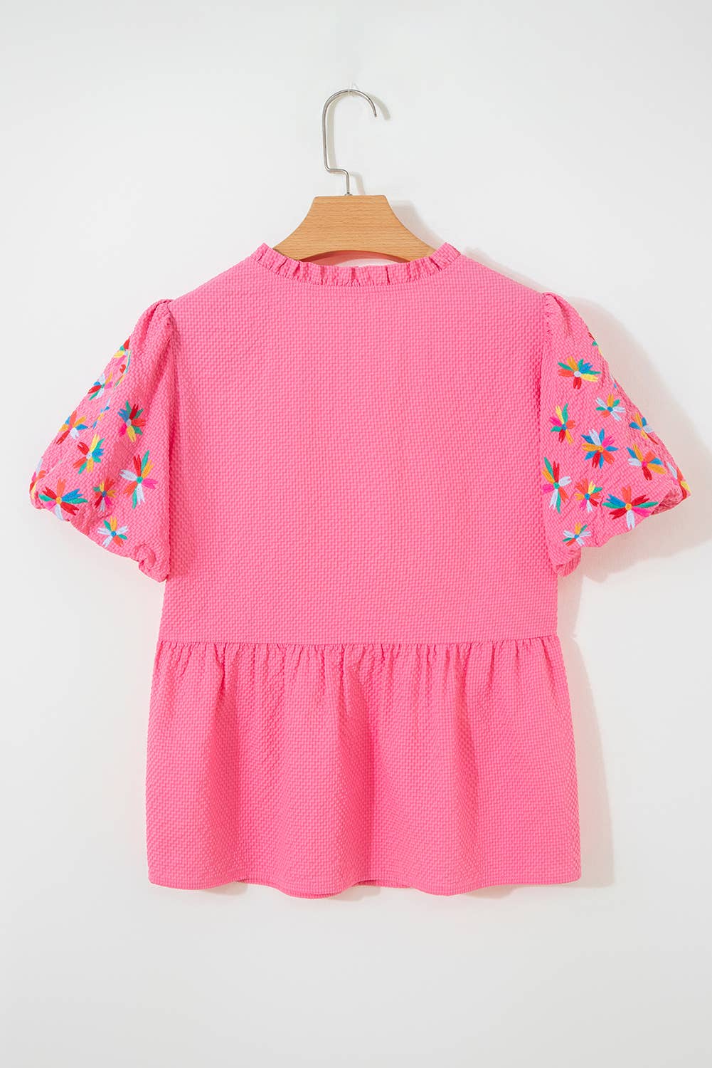 V Neck Flower Embroidered Puff Sleeve Blouse