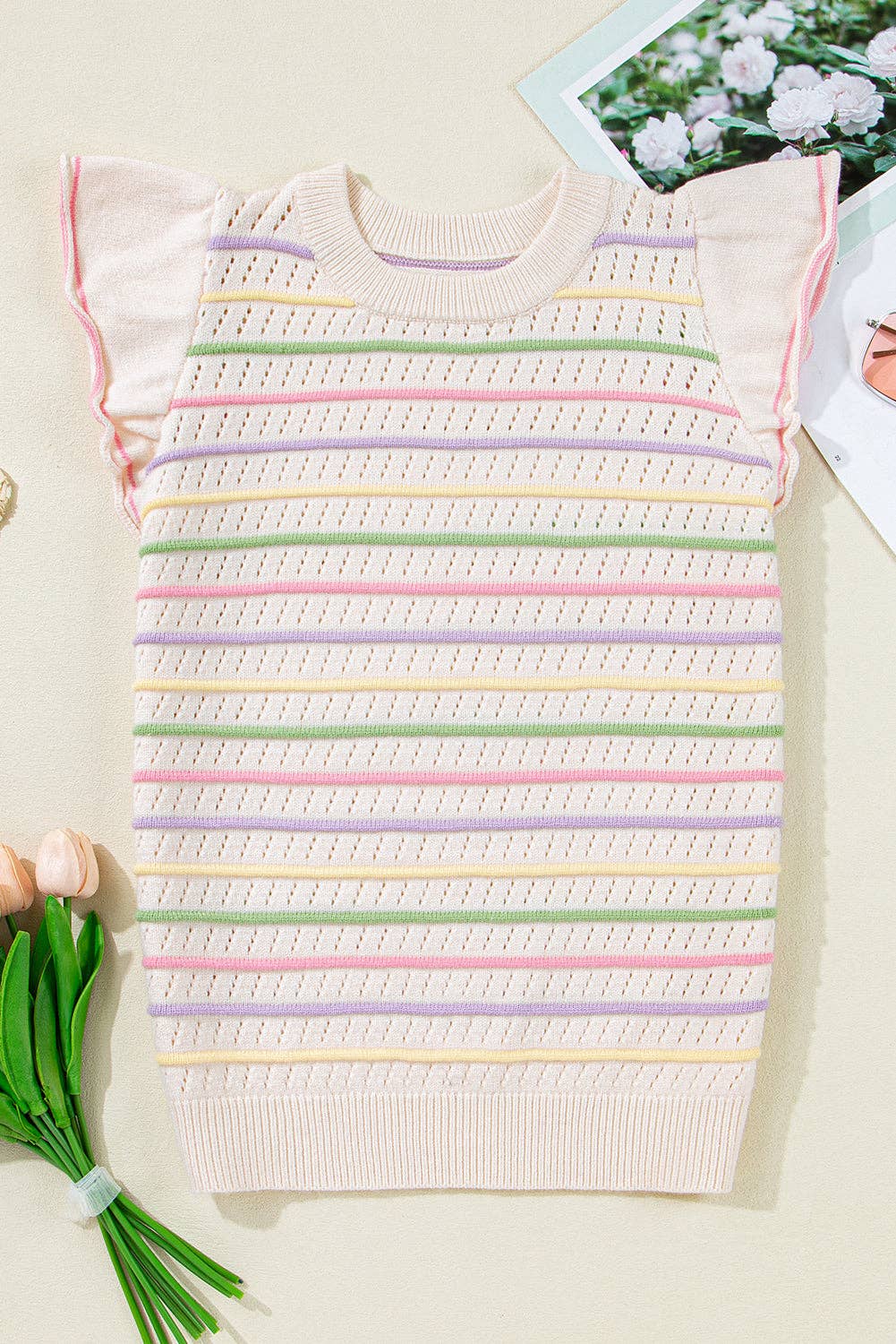 The Lila Oatmeal Colorful Striped Eyelet Knit Ruffled Sleeve Sweater T Shirt