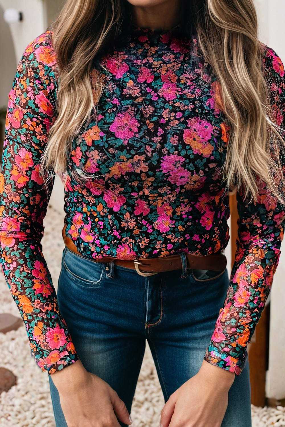 LDC Spring Western Floral Sheath Mock Neck Blouse