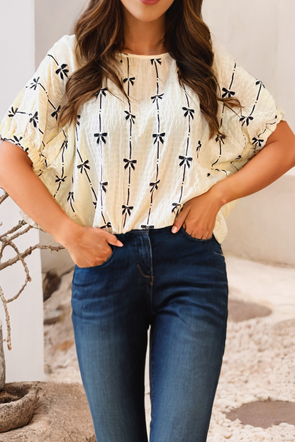Bow Print Puff Short Sleeve Top