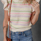 The Lila Oatmeal Colorful Striped Eyelet Knit Ruffled Sleeve Sweater T Shirt