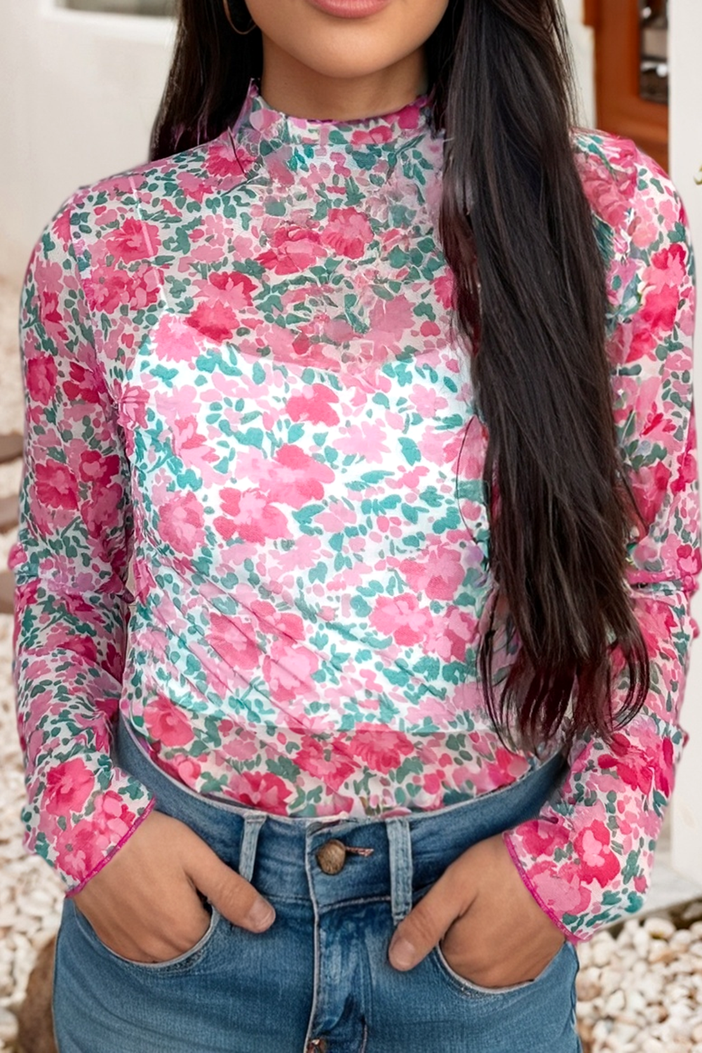 LDC Spring Western Floral Sheath Mock Neck Blouse