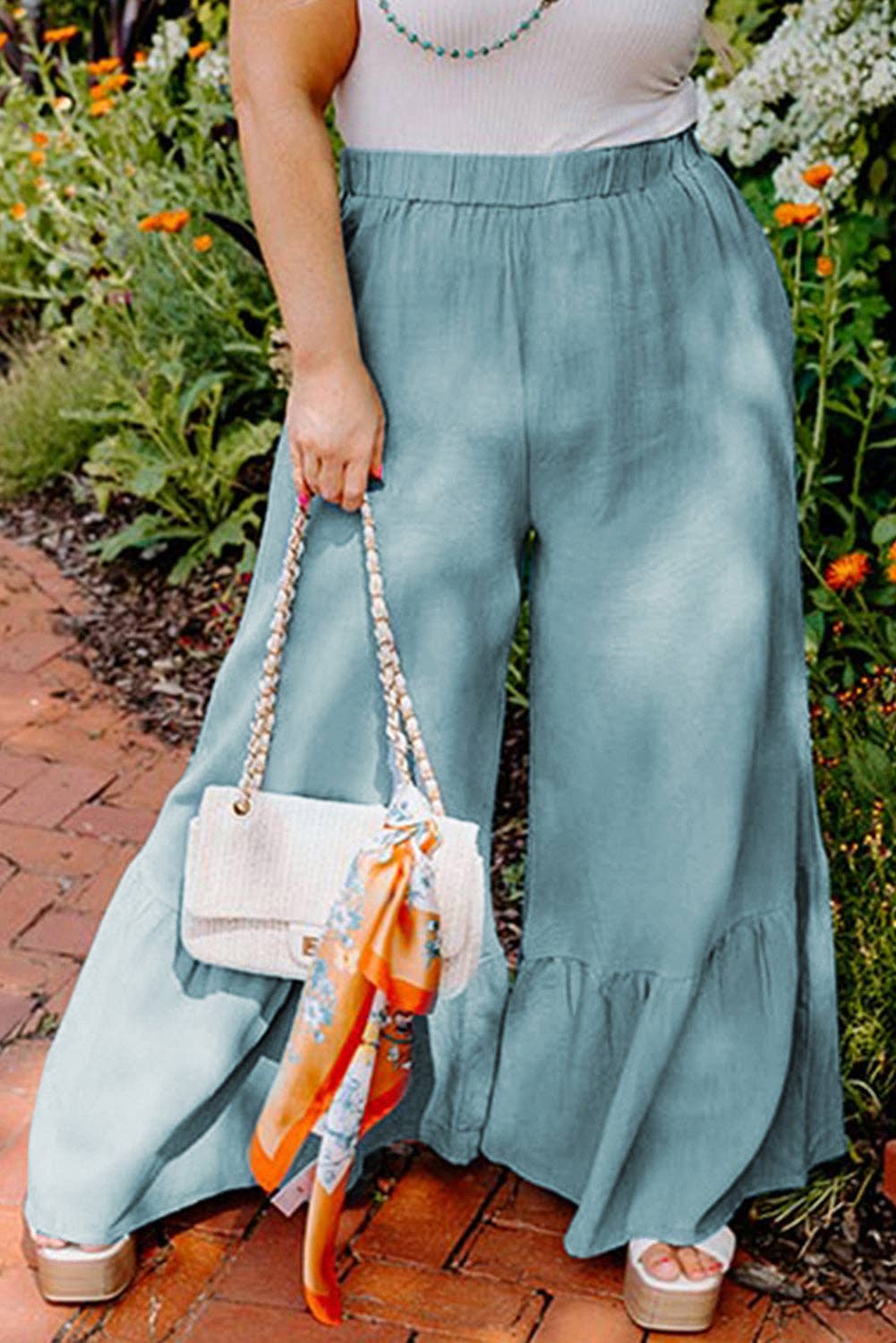 High Waist Ruffle Wide Leg Pants Plus Size
