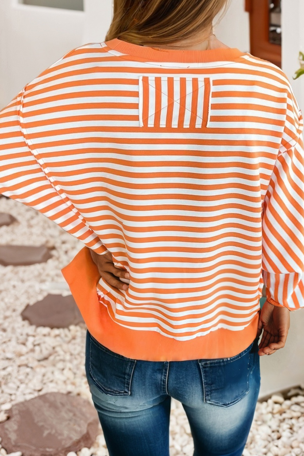 LDC Strpied Exposed Seam Drop Shoulder Long Sleeve Top