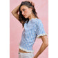 GINGHAM KNIT RUFFLED SHORT SLEEVES SWEATER TOP