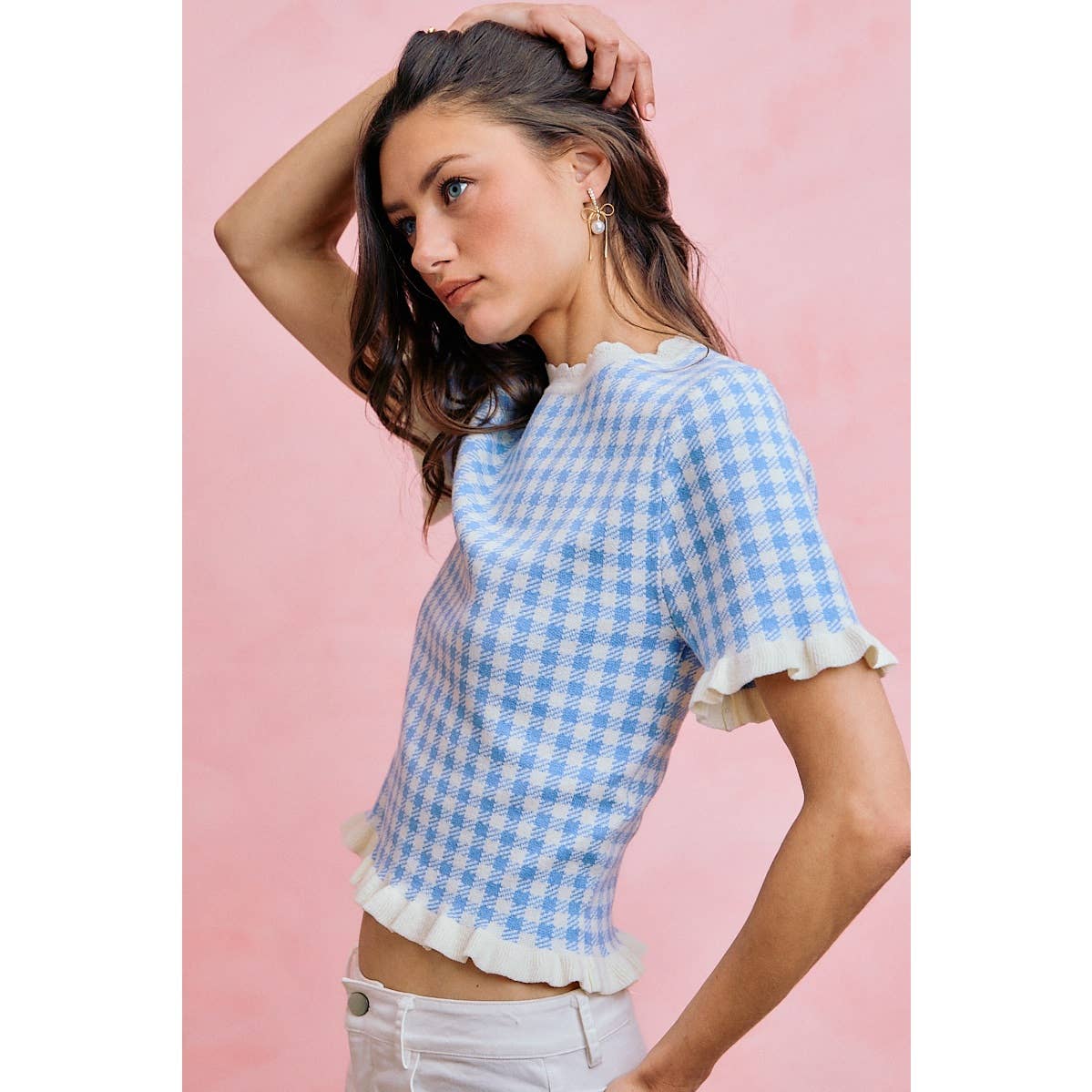 GINGHAM KNIT RUFFLED SHORT SLEEVES SWEATER TOP