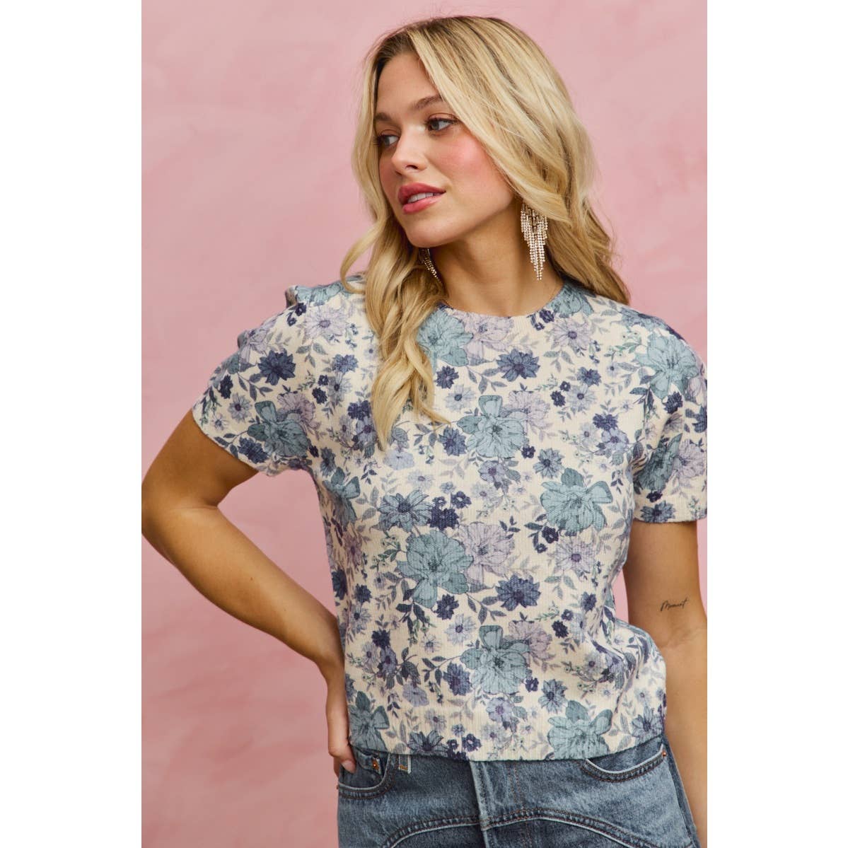 FLORAL PRINT SHORT SLEEVES SWEATER KNIT TOP