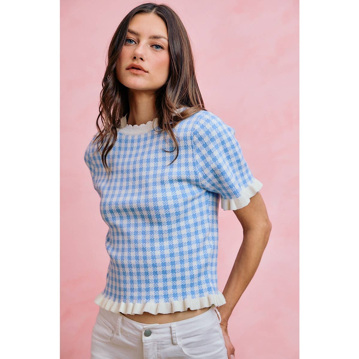 GINGHAM KNIT RUFFLED SHORT SLEEVES SWEATER TOP
