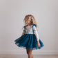Kids Teal Blue Winter Floral Print Sparkle Tulle Dress