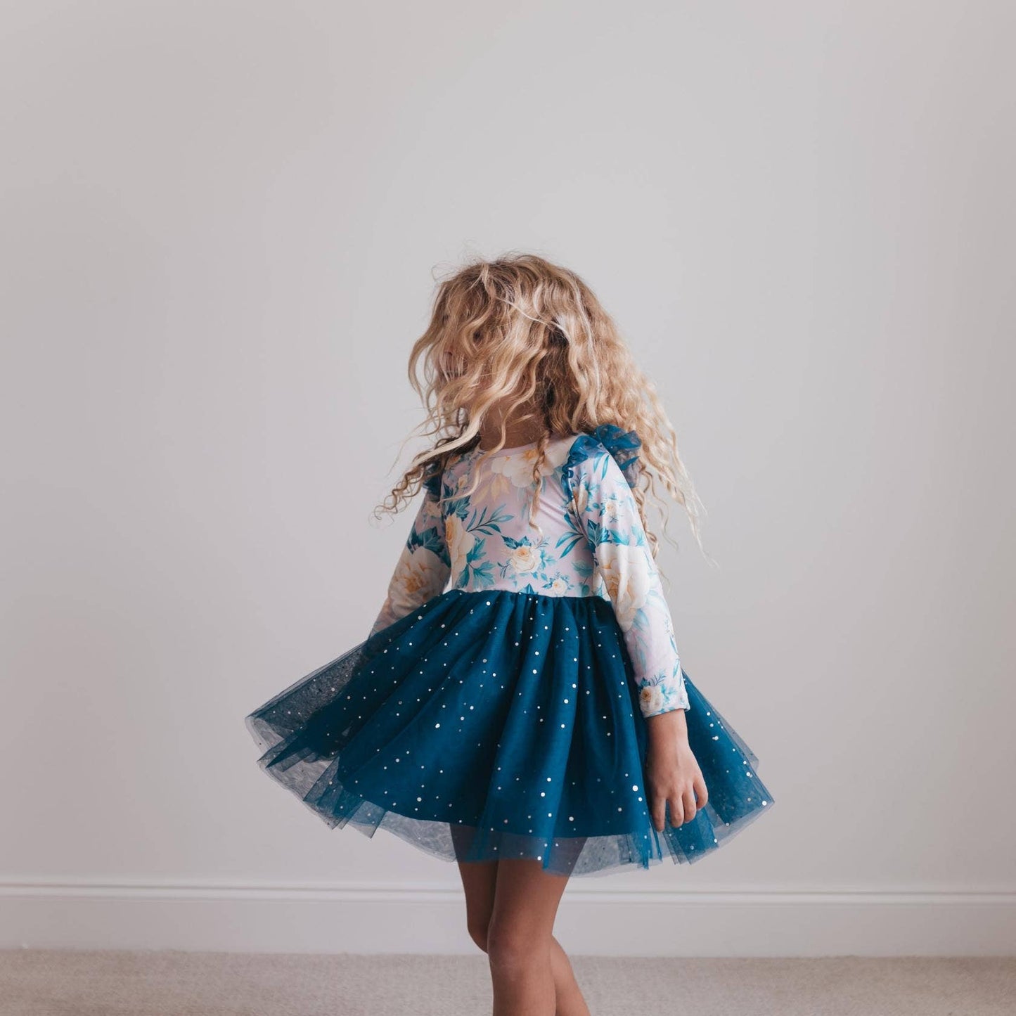 Kids Teal Blue Winter Floral Print Sparkle Tulle Dress