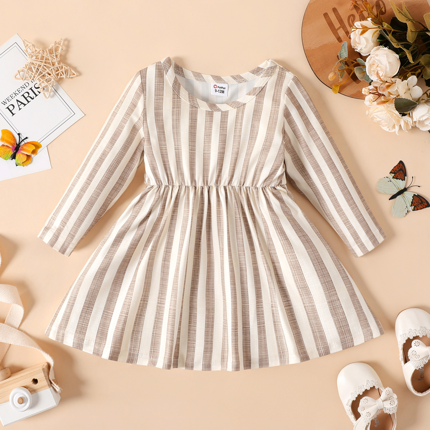 Baby Girl Ribbed Brown/White/Striped Long-sleeve Dress