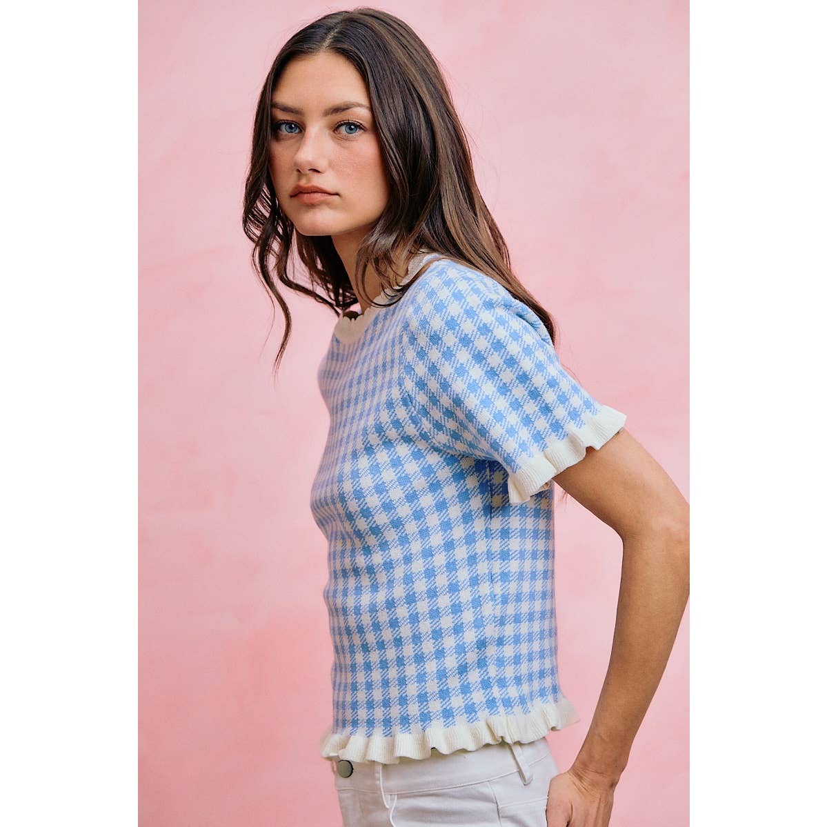 GINGHAM KNIT RUFFLED SHORT SLEEVES SWEATER TOP