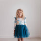 Kids Teal Blue Winter Floral Print Sparkle Tulle Dress