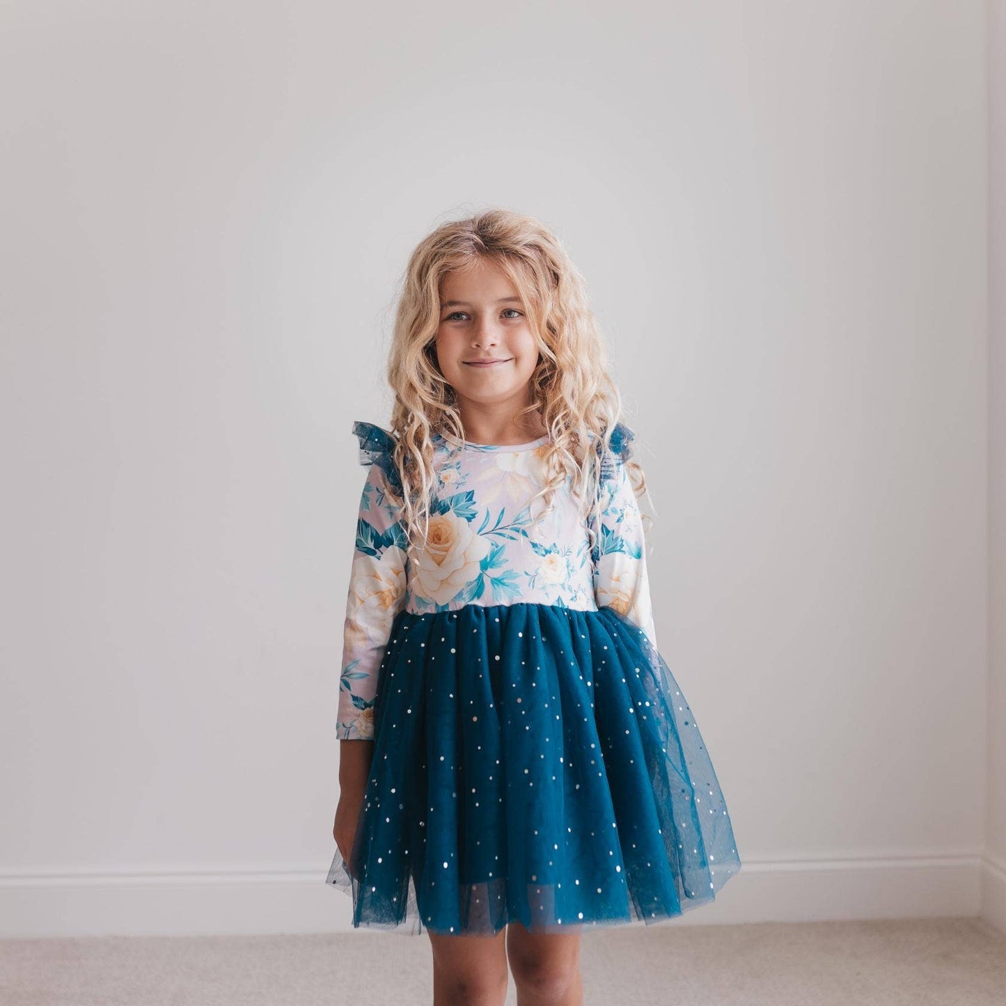 Kids Teal Blue Winter Floral Print Sparkle Tulle Dress