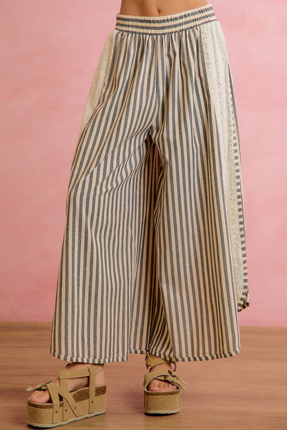 FLORAL EYELET SIDE ELASTIC STRIPES WIDE LEG PANTS