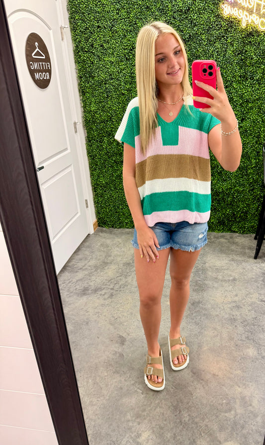 Color Block Notch V Neck Sweater T Shirt