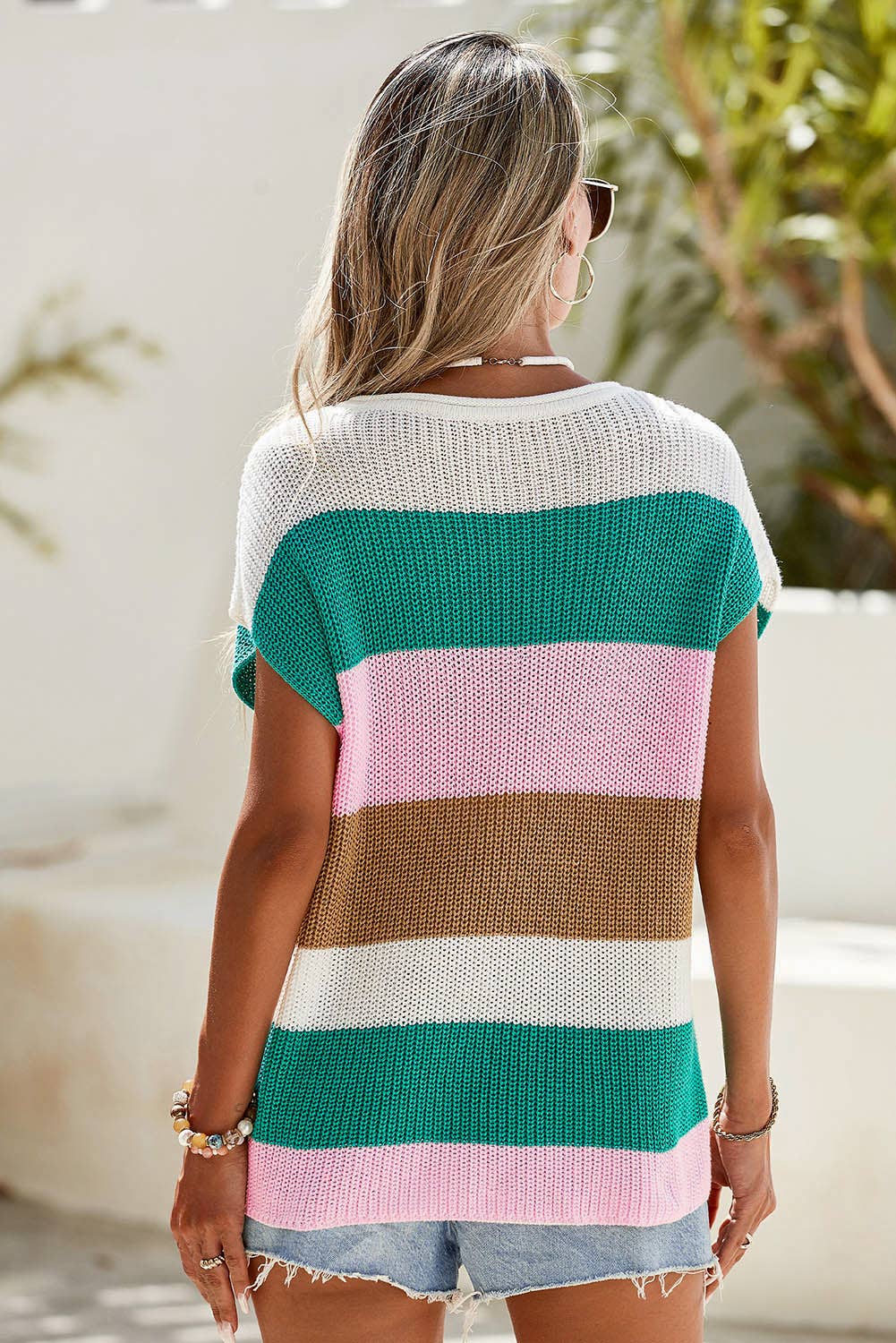Color Block Notch V Neck Sweater T Shirt