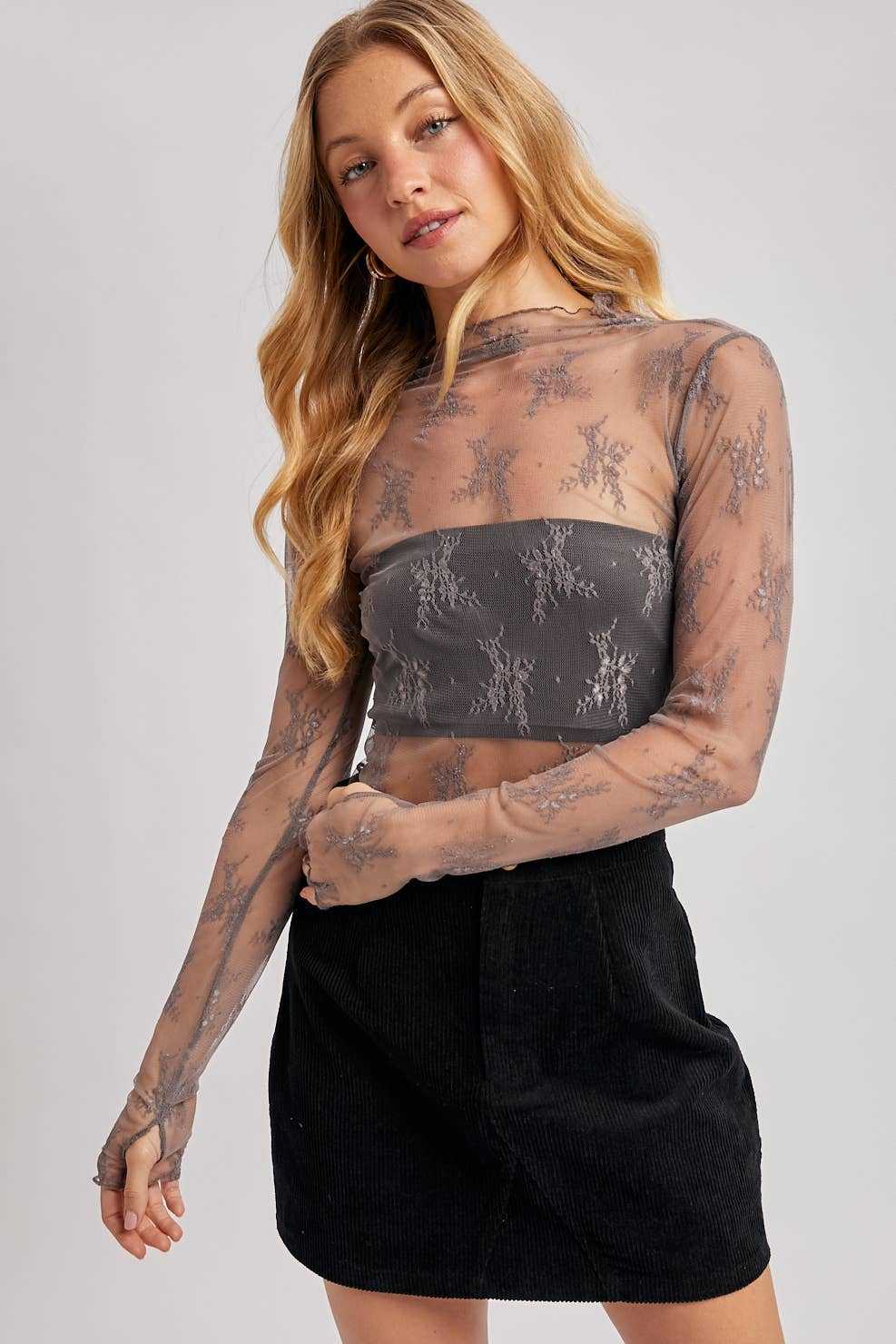 FLORAL EMBROIDERY LACE MESH LAYERING TOP