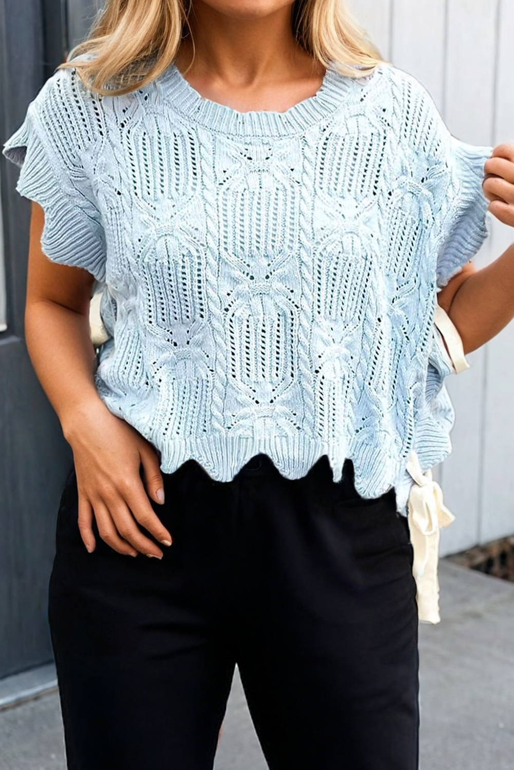 Pointelle Patterned Knit Scalloped Trim Sweater